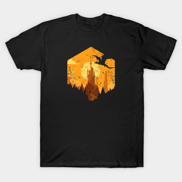 Dragon Flying Over Tall Castle Sunset T-Shirt by OfficialTeeDreams